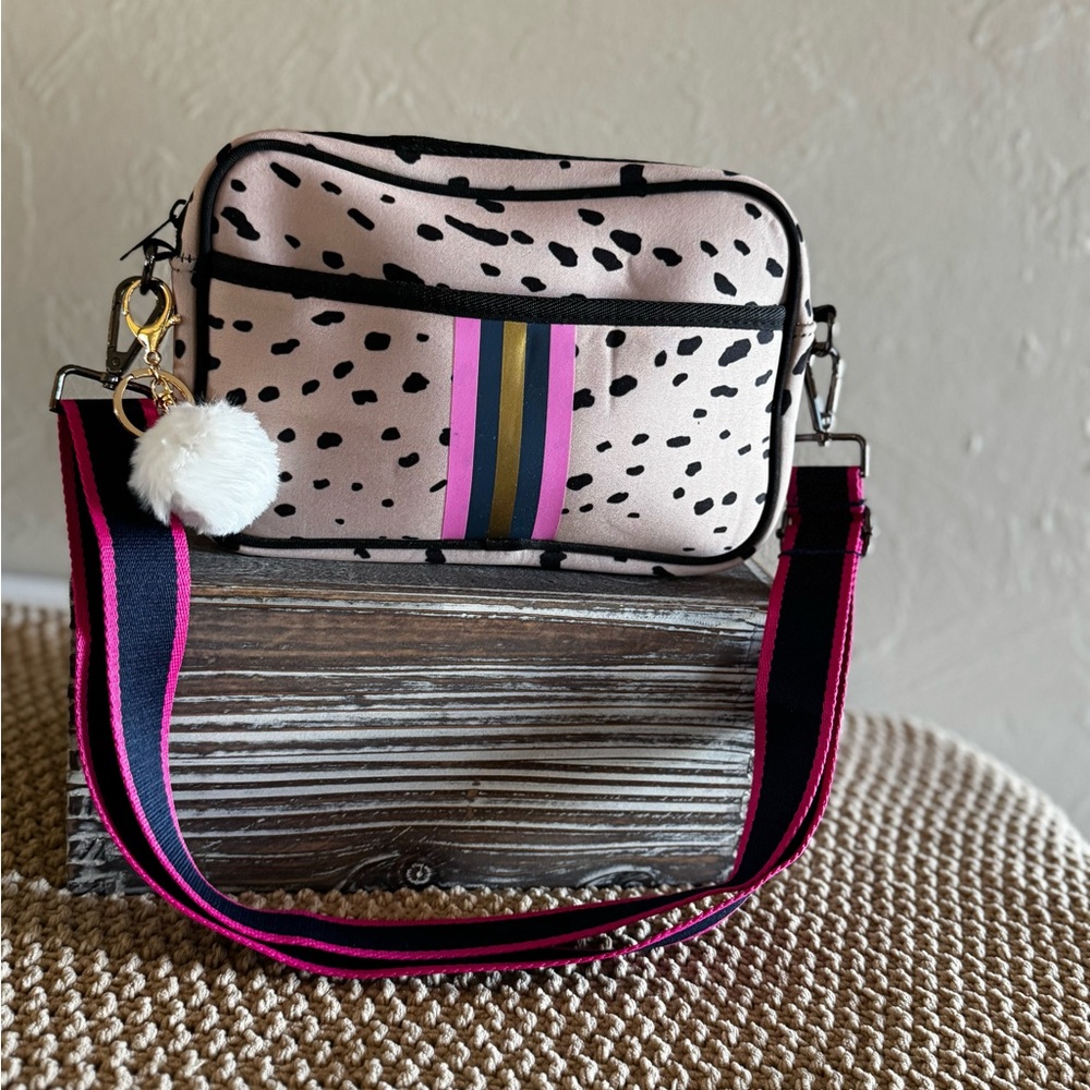 Pink Spotted Crossbody Bag with Striped Accent